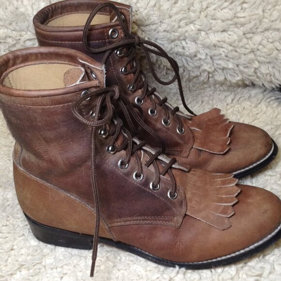 VINTAGE Justin Kiltie Roper boots, 3 1/2D BROWN leather, Fringe, Grunge, Cowgirl - Picture 2 of 9